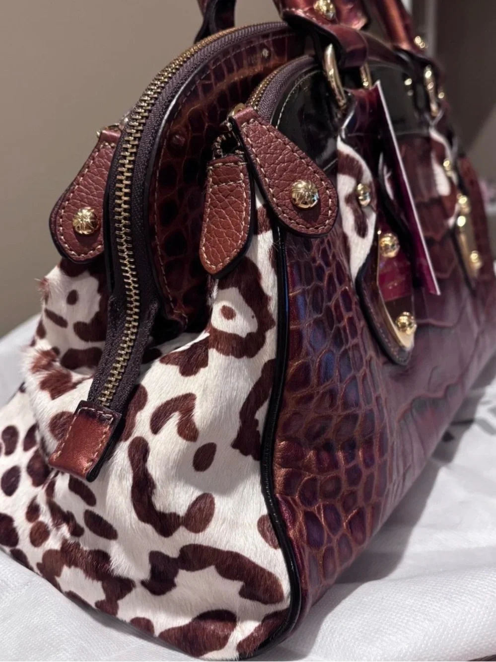 Cromia  Chestnut Croc-Embossed Satchel with Dark Trim and calf hair sides